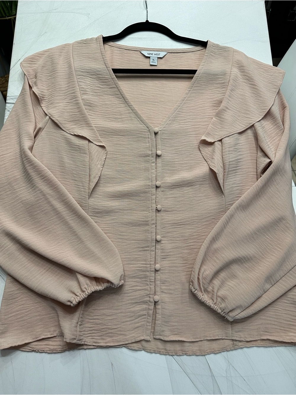Nine West Blush Pink V-Neck Ruffle Blouse